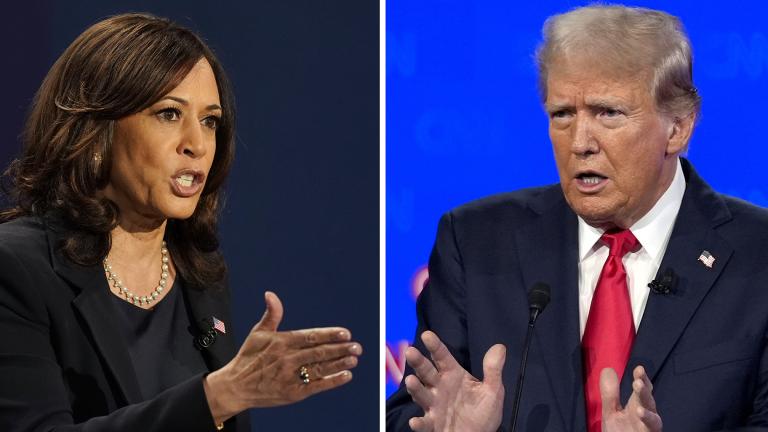 In this combination photo, Democratic vice presidential candidate Sen. Kamala Harris, D-Calif., speaks during a debate, Oct. 7, 2020, in Salt Lake City, left, and Republican presidential candidate former President Donald Trump speaks during a debate, June 27, 2024, in Atlanta. (AP Photo)