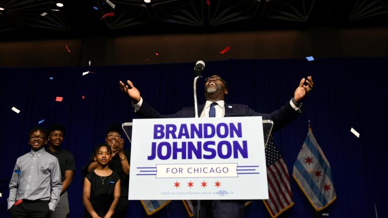 Chicago Mayor-elect Brandon Johnson celebrates with supporters after defeating Paul Vallas after the mayoral runoff election late Tuesday, April 4, 2023, in Chicago. (AP Photo / Paul Beaty, File)