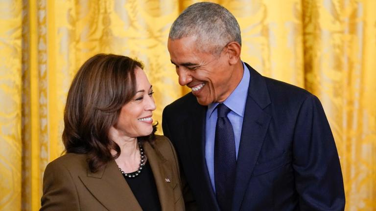 Former President Barack Obama talks with Vice President Kamala Harris during an event about the Affordable Care Act, in the East Room of the White House in Washington, April 5, 2022. (AP Photo / Carolyn Kaster, File)