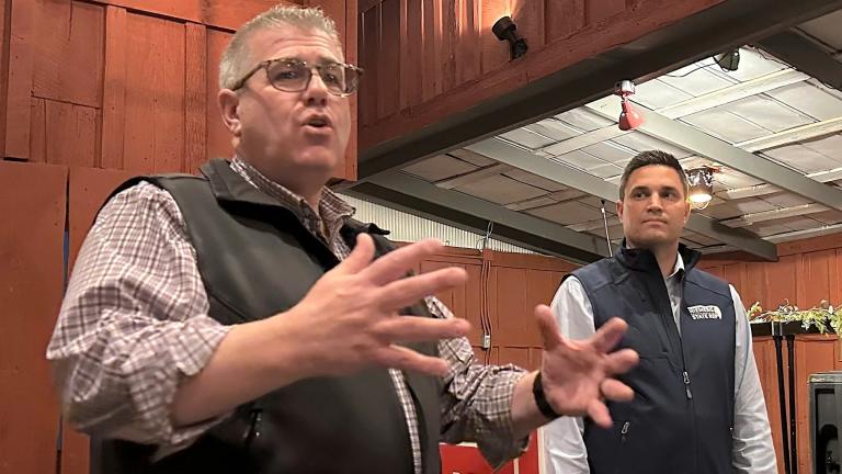 Congressional candidate Darren Bailey, left, campaigns with state Rep. Adam Niemerg at a local restaurant meet-and-greet, Tuesday, Feb. 27, 2024, in Casey, Ill. (AP Photo / John O’Connor)