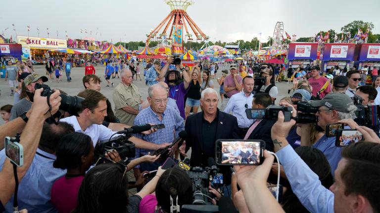 Former Vice President Mike Pence speaks to the media during a visit to the Iowa State Fair, Friday, Aug. 19, 2022, in Des Moines, Iowa. (AP Photo / Charlie Neibergall)