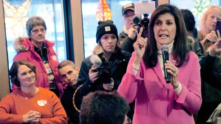Republican presidential hopeful Nikki Haley speaks with supporters Jan. 15, 2024, in Des Moines, Iowa. (AP Photo / Meg Kinnard, File)