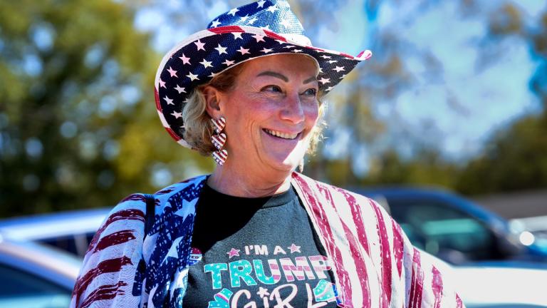 Trump supporter, Renee Kyro of Lake Lure, North Carolina at the Team Trump bus tour across North Carolina, Thursday, Oct. 17, 2024 in Rutherfordton, N.C. (AP Photo / Kathy Kmonicek)