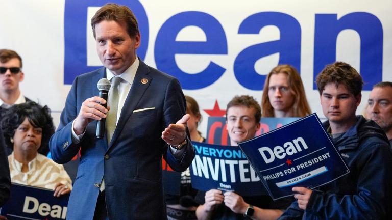FILE - Democratic presidential candidate Rep. Dean Phillips, D-Minn., speaks during a campaign stop, Jan. 18, 2024, in Manchester, N.H. (Charles Krupa / AP Photo, File)