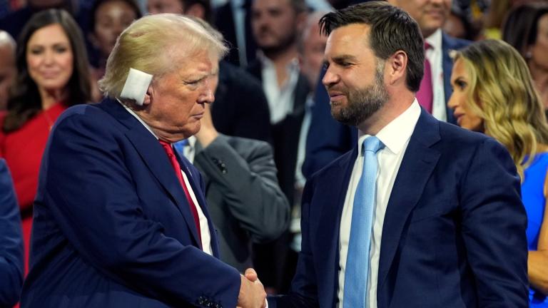 Republican presidential candidate former President Donald Trump and Republican vice presidential candidate Sen. JD Vance, R-Ohio, attend the first day of the Republican National Convention, Monday, July 15, 2024, in Milwaukee. (AP Photo / Evan Vucci)