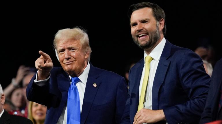 Republican presidential candidate former President Donald Trump and Republican vice presidential candidate Sen. JD Vance, R-Ohio, attend the 2024 Republican National Convention at the Fiserv Forum, Tuesday, July 16, 2024, in Milwaukee. (AP Photo/Carolyn Kaster)