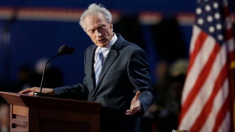 FILE - Actor Clint Eastwood speaks to an empty chair while addressing delegates during the Republican National Convention in Tampa, Fla., Aug. 30, 2012. (Lynne Sladky / AP Photo, File)