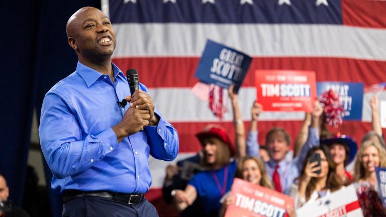Republican presidential candidate Tim Scott delivers his speech announcing his candidacy for president of the United States on the campus of Charleston Southern University in North Charleston, S.C., Monday, May 22, 2023. (AP Photo / Mic Smith)