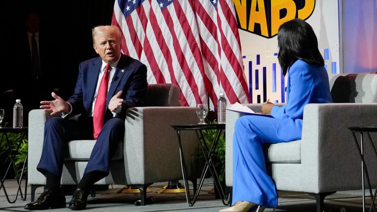 Republican presidential candidate former President Donald Trump, left, moderated by ABC's Rachel Scott, speaks at the National Association of Black Journalists convention, July 31, 2024, in Chicago. (AP Photo / Charles Rex Arbogast, File)