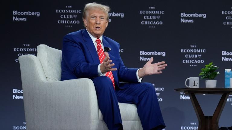 Republican presidential nominee former President Donald Trump speaks during an interview with Bloomberg News Editor-in-Chief John Micklethwait during an event with the Economic Club of Chicago, Tuesday, Oct. 15, 2024, in Chicago. (AP Photo/Evan Vucci)