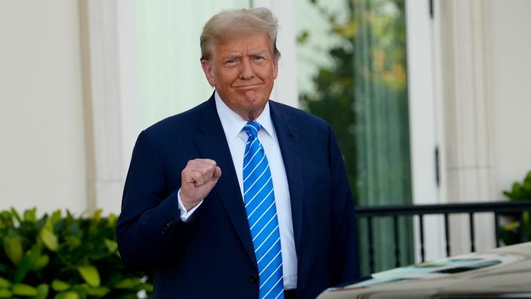 Former President Donald Trump pumps his fist as he arrives for a GOP fundraiser, Saturday, April 6, 2024, in Palm Beach, Fla. (AP Photo / Lynne Sladky)