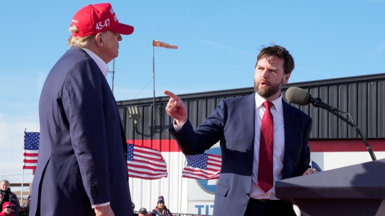 FILE - Sen. J.D. Vance, R-Ohio, right, points toward Republican presidential candidate former President Donald Trump at a campaign rally, March 16, 2024, in Vandalia, Ohio. (Jeff Dean / AP Photo, File)