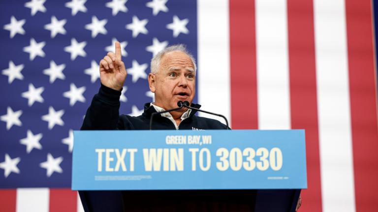 Democratic vice presidential nominee Minnesota Gov. Tim Walz speaks at a campaign event Monday, Oct. 14, 2024, in Green Bay, Wis. (AP Photo/Jeffrey Phelps)