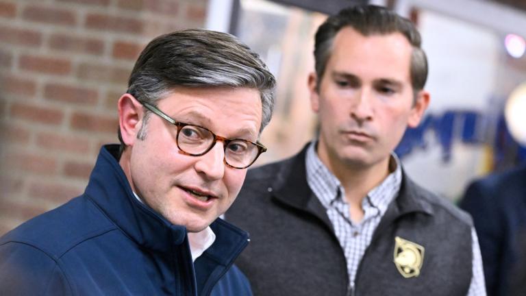 U.S. House Speaker Mike Johnson speaks to the media as Republican U.S Congressional candidate for the seventh district Matt Van Epps listens during a rally Monday, Dec. 1, 2025, in Franklin, Tenn. (AP Photo / John Amis)