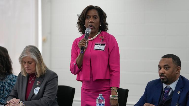 Cook County Commissioner and candidate for Illinois' 2nd Congressional District Donna Miller attends a forum hosted by the Democratic Women of the Southland Region, Saturday, Feb. 28, 2026, in Chicago Heights, Ill. (AP Photo/Erin Hooley)