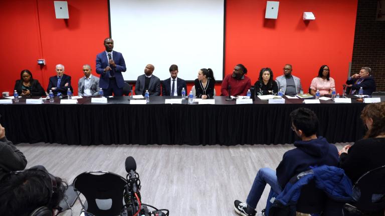 Candidates for the Illinois 7th Congressional District seat, from left, Kina Collins, David Ehrlich, Dr. Thomas Fisher, La Shawn K. Ford, Rory Hoskins, Reed Showalter, Anabel Mendoza, Anthony Driver Jr., Jazmin J. Robinson, Richard Boykin, Melissa Conyears-Ervin and Felix Tello attend a public forum at the University of Illinois Chicago Friday, Feb 20, 2026, in Chicago. (Terrence Antonio James / Chicago Tribune via AP)