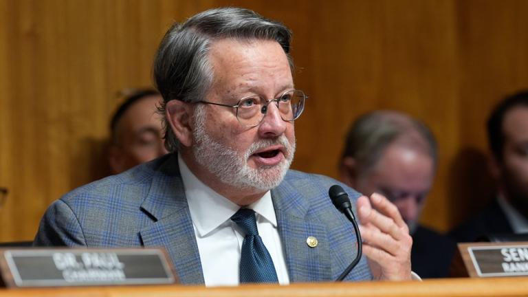 Ranking Member Gary Peters, D-Mich., speaks at the Senate Homeland Security and Governmental Affairs Committee confirmation hearing for South Dakota Gov. Kristi Noem, President-elect Donald Trump's nominee to be Secretary of Homeland Security, at the Capitol in Washington, Jan. 17, 2025. (AP Photo / Susan Walsh, File)