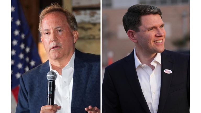 At left, Texas Attorney General Ken Paxton speaks in McKinney, Texas, May 19, 2026, and at right, Texas state Rep. James Talarico, after voting, in Austin, Texas, Feb. 17, 2026. (AP Photo/LM Otero and Eric Gay,File)