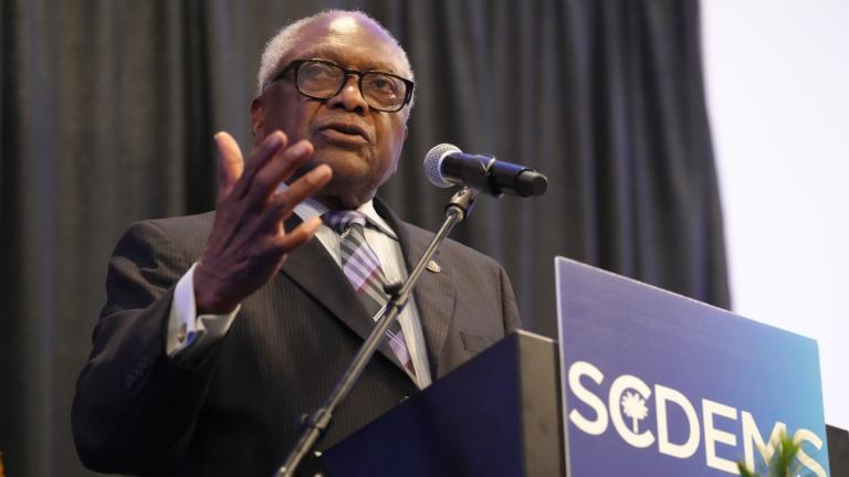 U.S. Rep. Jim Clyburn, D-S.C., speaks to attendees at the South Carolina Democratic Party's Blue Palmetto Dinner on May 29, 2026, in Columbia S.C. (AP Photo / Meg Kinnard, File)