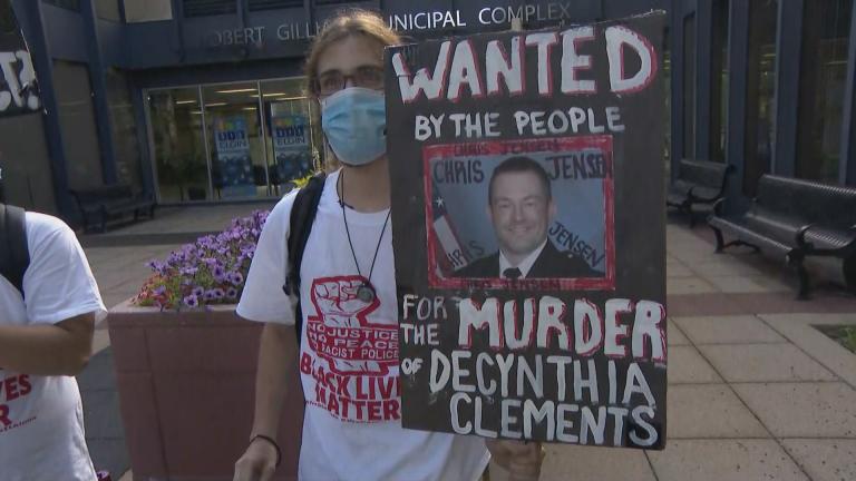 A protest outside of Elgin City Hall on Wednesday, June 24, 2020, over the fatal police shooting of Decynthia Clements in 2018. (WTTW News)