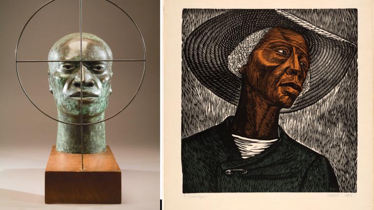 Elizabeth Catlett’s “Target Practice” sculpture and “Sharecropper” linocut. (Courtesy of the Catlett Mora Family Trust)