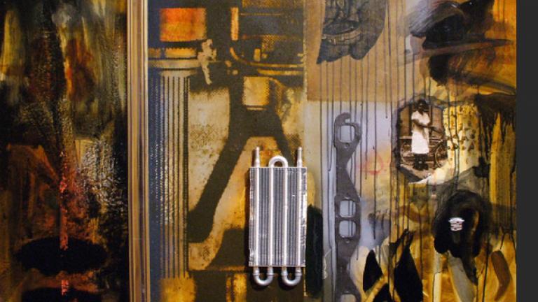 "Elizabeth and the Transmission Cooler," printing ink and assemblage on panel, by artist Thomas Lucas Elizabeth and the Transmission Cooler