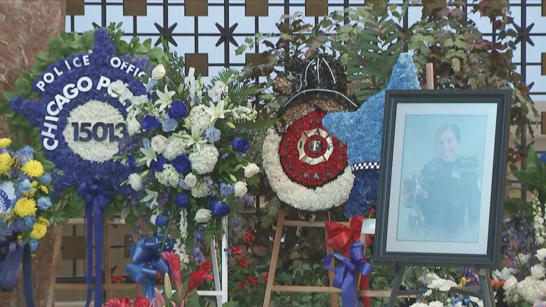 A memorial is on display at the funeral of Chicago police Officer Ella French on Aug. 19, 2021. (WTTW News)