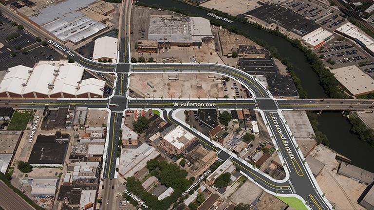 A bird’s eye view of the proposed reroute of Elston Avenue. (Credit: Chicago Department of Transportation)