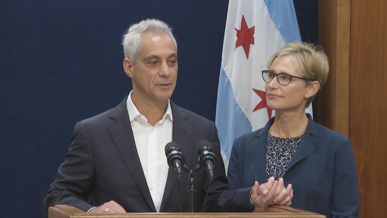 “Now with our three children in college, Amy and I have decided it is time to write another chapter together,” Mayor Rahm Emanuel said Tuesday, Sept. 4, 2018 with his wife Amy Rule by his side as he announced he would not seek re-election. 