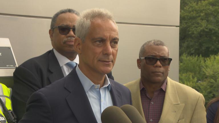 Mayor Rahm Emanuel speaks Tuesday, Aug. 21, 2018 at a ribbon-cutting for a renovated CTA Blue Line station on the city’s Near West Side. (Chicago Tonight) 