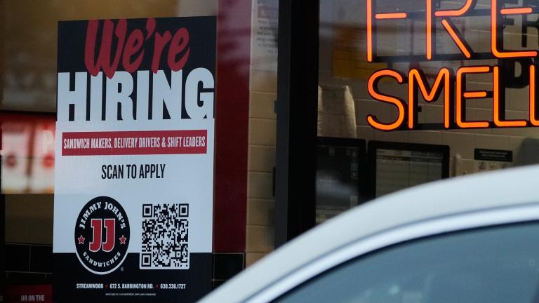 A hiring sign is displayed at a sandwich shop, in Streamwood, Ill., Wednesday, Sept. 16, 2026. (AP Photo / Nam Y. Huh)