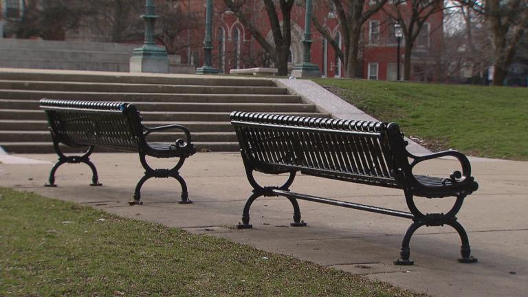 Empty benches in Logan Square on March 24, 2020. (WTTW News)