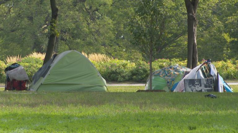 A homeless encampment is pictured in a file photo. (WTTW News)
