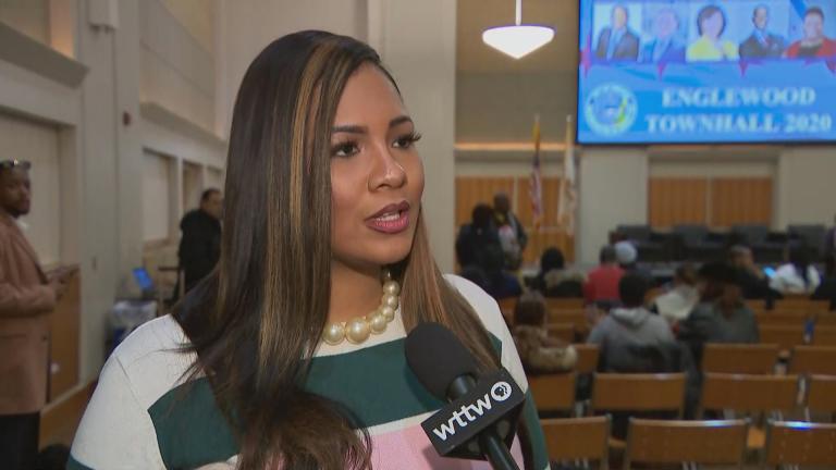 Ald. Stephanie Coleman, 16th Ward, speaks to Paris Schutz of “Chicago Tonight” at a town hall for the Englewood community on Tuesday, Jan. 14, 2020. (WTTW News)
