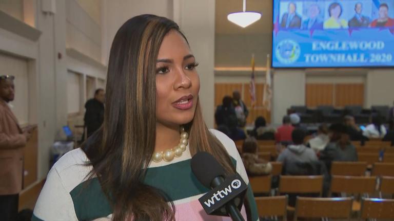 Ald. Stephanie Coleman, 16th Ward, speaks to Paris Schutz of “Chicago Tonight” at a town hall for the Englewood community on Tuesday, Jan. 14, 2020. (WTTW News)