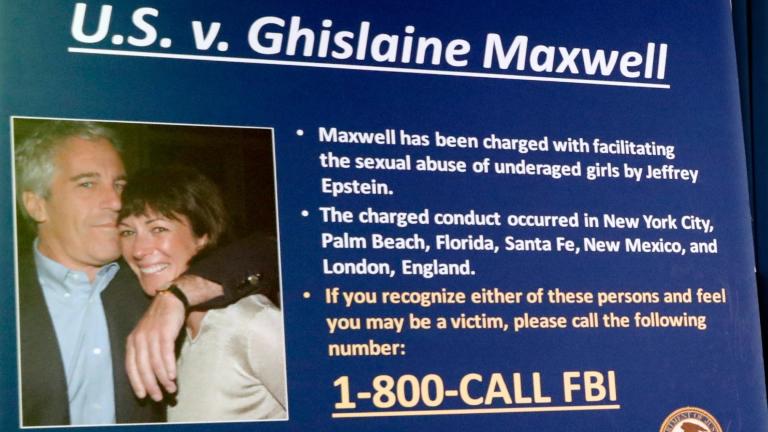 FILE - A board outlining the case against Ghislaine Maxwell is seen during a news conference to announce charges against Maxwell for her alleged role in the sexual exploitation and abuse of multiple minor girls by Jeffrey Epstein, July 2, 2020, in New York. (AP Photo / John Minchillo, File)