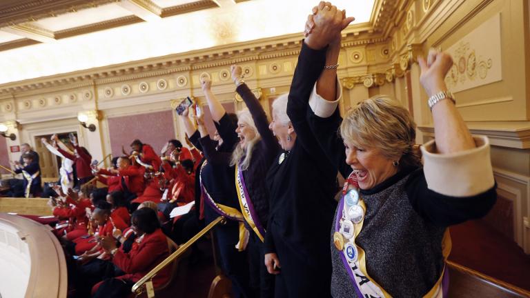 In this Monday, Jan. 27, 2020 file photo, Equal Rights Amendment supporter Donna Granski, right, from Midlothian Va., cheers the passage of the House ERA Resolution in the Senate chambers at the Capitol in Richmond, Va. (AP Photo / Steve Helber, File) In this Monday, Jan. 27, 2020 file photo, Equal Rights Amendment supporter Donna Granski, right, from Midlothian Va., cheers the passage of the House ERA Resolution in the Senate chambers at the Capitol in Richmond, Va. (AP Photo / Steve Helber, File)