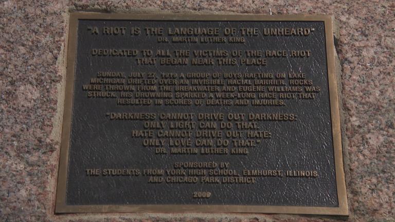 The Eugene Williams memorial marker at 31st Street beach. (WTTW News)