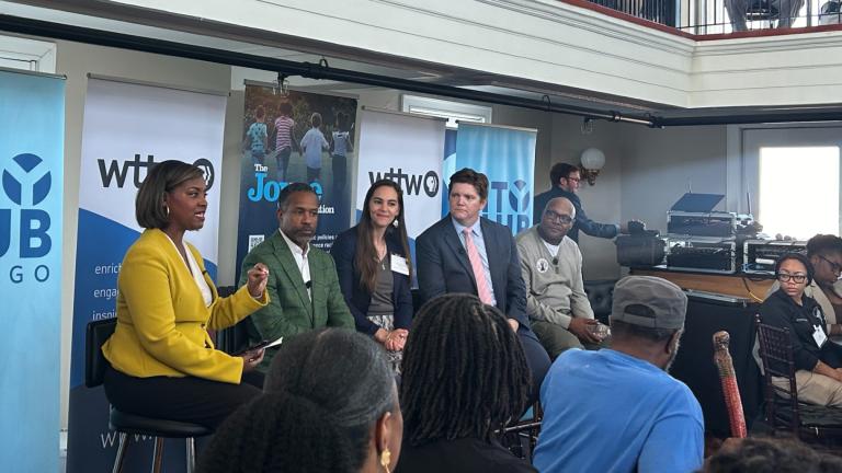 Left to right: Brandis Friedman, WTTW News; Eric Smith, BMO Bank; Rebecca Neusteter, University of Chicago Health Lab; Tim Daly, The Joyce Foundation; and Lorne Runnels, BlackRoots Alliance, sit on a panel on July 25, 2024, discussing solutions to gun violence. (Blair Paddock / WTTW News)