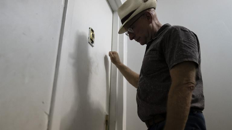 Gary Zaremba knocks on an apartment door as he checks in with tenants to discuss building maintenance at one of his at properties, Thursday, Aug. 12, 2021, in the Queens borough of New York. (AP Photo / John Minchillo) Gary Zaremba knocks on an apartment door as he checks in with tenants to discuss building maintenance at one of his at properties, Thursday, Aug. 12, 2021, in the Queens borough of New York. (AP Photo / John Minchillo)