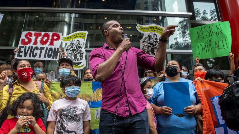 Housing advocate Jabari Brisport protests outside Gov. Andrew Cuomo’s office on the eviction moratorium on Wednesday, Aug. 4, 2021, in New York. (AP Photo / Brittainy Newman)