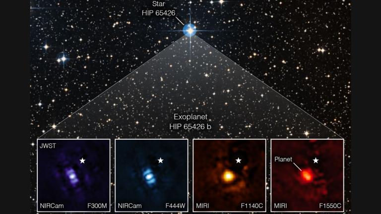 This image shows the exoplanet HIP 65426 b in different bands of infrared light, as seen from the James Webb Space Telescope. Purple shows the NIRCam instrument’s view at 3 micrometers, blue shows the NIRCam instrument’s view at 4.44 micrometers, yellow shows the MIRI instrument’s view at 11.4 micrometers and red shows the MIRI instrument’s view at 15.5 micrometers. (Credit: NASA/ESA/CSA, A Carter (UCSC), the ERS 1386 team and A. Pagan)