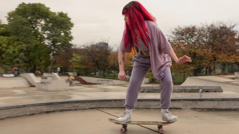 froSkate attendees braved skating on the rain-slick concrete at the Wilson Skate Park, 700 W. Wilson Ave., on Oct. 26, 2023. (Michael Izquierdo / WTTW News)