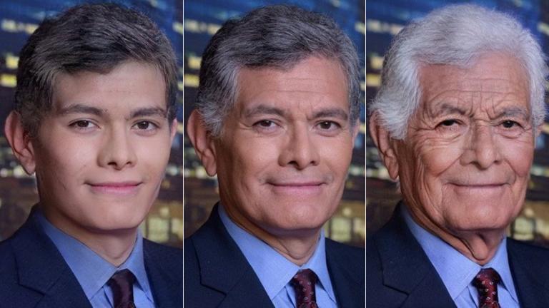 A photo of “Chicago Tonight” host Phil Ponce, center, is edited by FaceApp to illustrate younger and older versions of him.