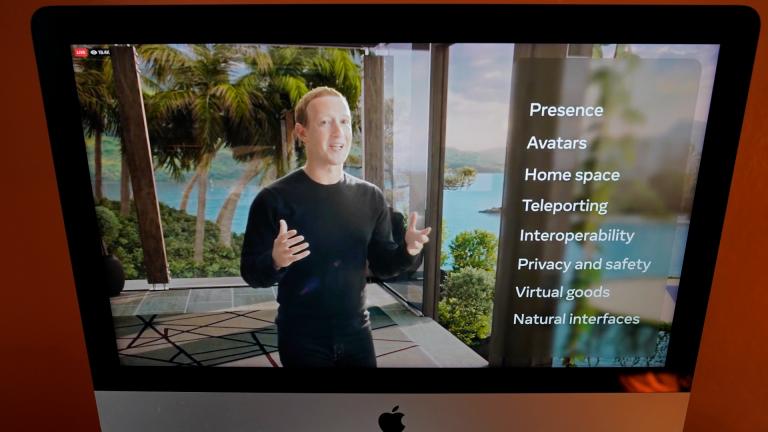 Seen on the screen of a device in Sausalito, Calif., Facebook CEO Mark Zuckerberg delivers the keynote address during a virtual event on Thursday, Oct. 28, 2021. Zuckerberg talked up his latest passion -- creating a virtual reality "metaverse" for business, entertainment and meaningful social interactions. (AP Photo / Eric Risberg)