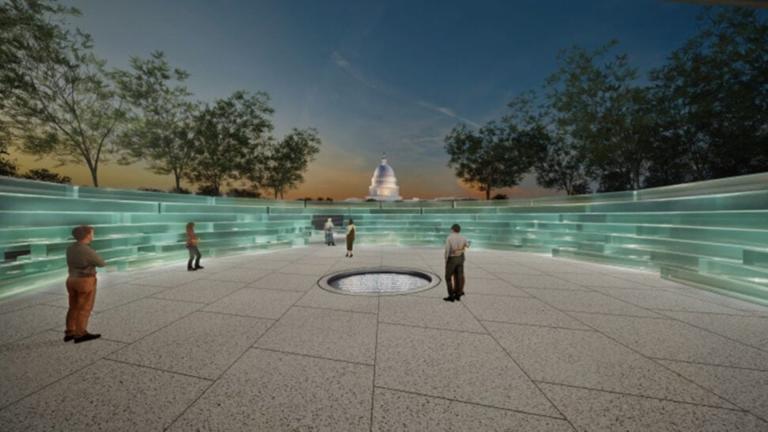 A design rendering of the remembrance hall area set for a national memorial in Washington, D.C., dedicated to fallen journalists. It was designed by Chicago-based firm John Ronan Architects. (Courtesy of Fallen Journalists Memorial Foundation / John Ronan Architects)
