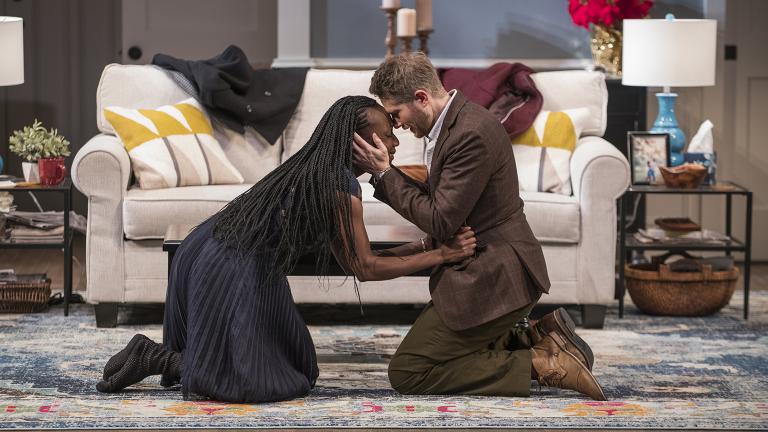 Lanise Antoine Shelley and Erik Hellman in Steppenwolf’s Chicago premiere production of “Familiar” by Danai Gurira. (Photo by Michael Brosilow)