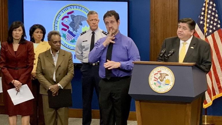 Gov. J.B. Pritzker speaks Sept. 14, 2022, at a news conference. (Governor's Press Office)