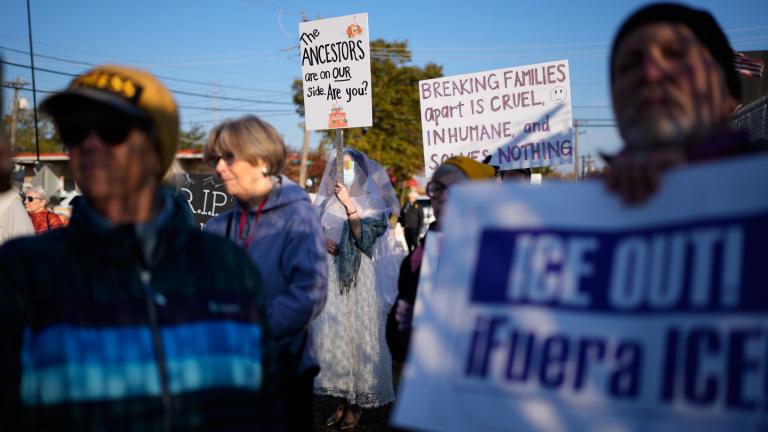 Protesters gather outside an ICE processing facility in the Chicago suburb of Broadview, Ill., Friday, Oct. 31, 2025. (AP Photo / Nam Y. Huh)