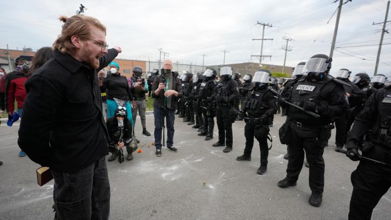 Protesters standoff with law enforcement outside an ICE processing facility in the Chicago suburb of Broadview, Ill., Saturday, Nov. 1, 2025. (AP Photo / Alex Brandon)